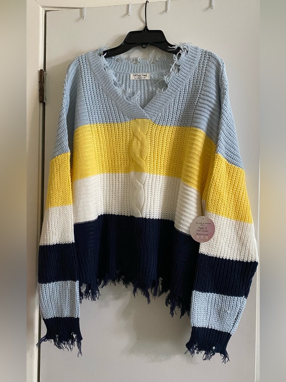 FULL CIRCLE TREND Colorblock Distressed V-Neck Sweater - Light Blue/Yellow/Navy
